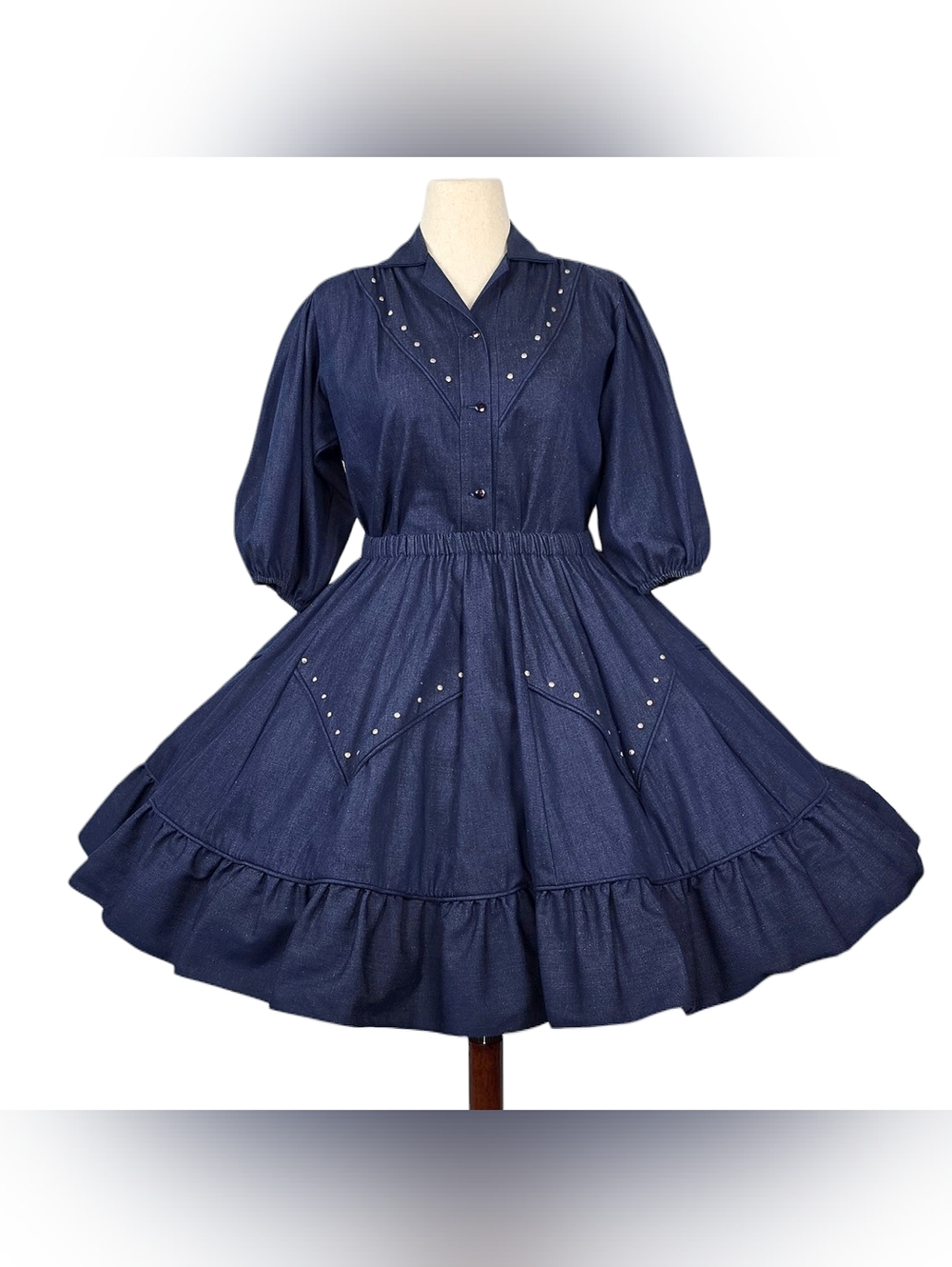 1980s Vintage Square Dancing Skirt & Blouse Matching 80s Set Large Denim Blue